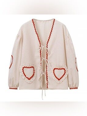 Beige Gingham Tie-Front Blouse
